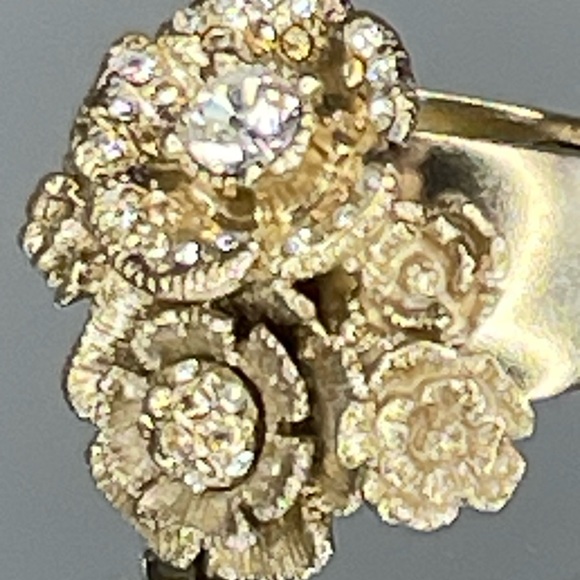 CHANEL Camellia CC Logo Rhinestone Gold Tone Ring Size 6 - Picture 5 of 14